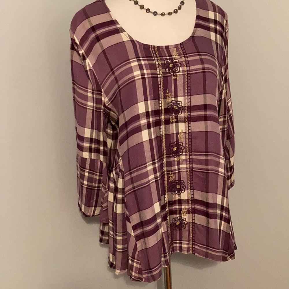 BLUE RAIN 3/4 Bell-Sleeve Plaid Embroidered Peplum Top- NWT